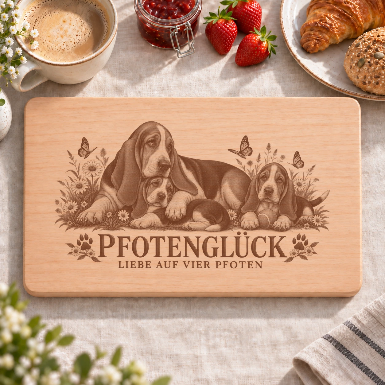 Frühstücksbrettchen – Basset Hound | Pfotenglück – realistische Lasergravur Frühstücksbrettchen – Basset Hound | Pfotenglück – Frühstücksbrettchen mit eingebrannter Lasergravur