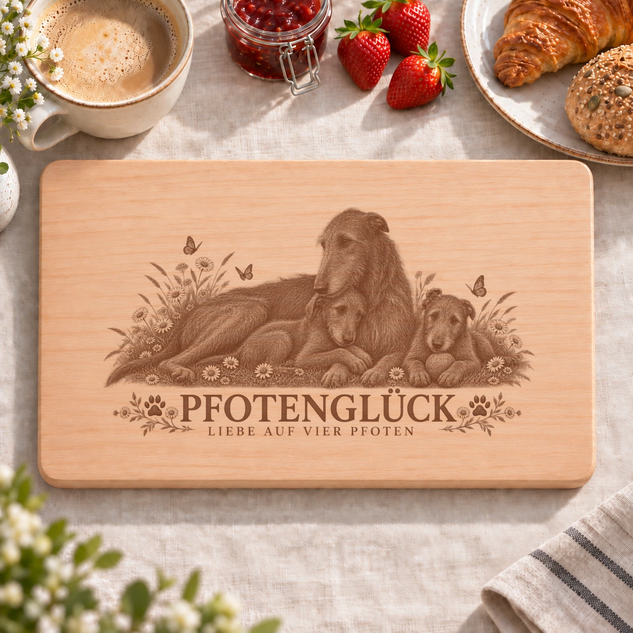 Frühstücksbrettchen – Schottischer Hirschhund | Pfotenglück – realistische Lasergravur Frühstücksbrettchen – Schottischer Hirschhund | Pfotenglück – Frühstücksbrettchen mit eingebrannter Lasergravur