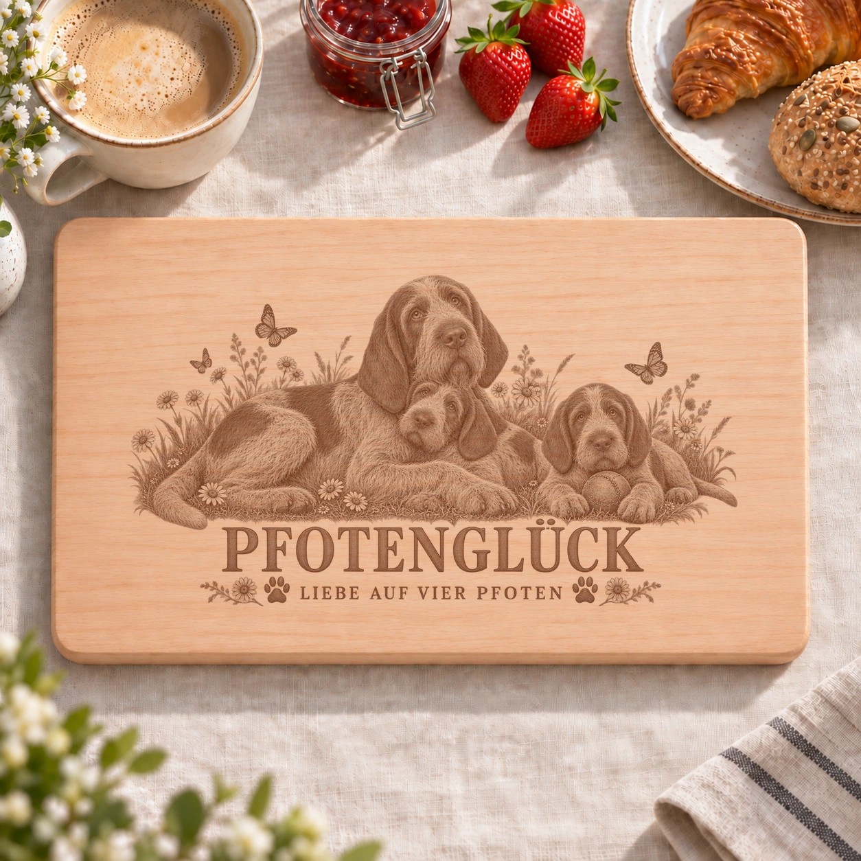 Frühstücksbrettchen – Italienischer Spinone | Pfotenglück – realistische Lasergravur Frühstücksbrettchen – Italienischer Spinone | Pfotenglück – Frühstücksbrettchen mit eingebrannter Lasergravur