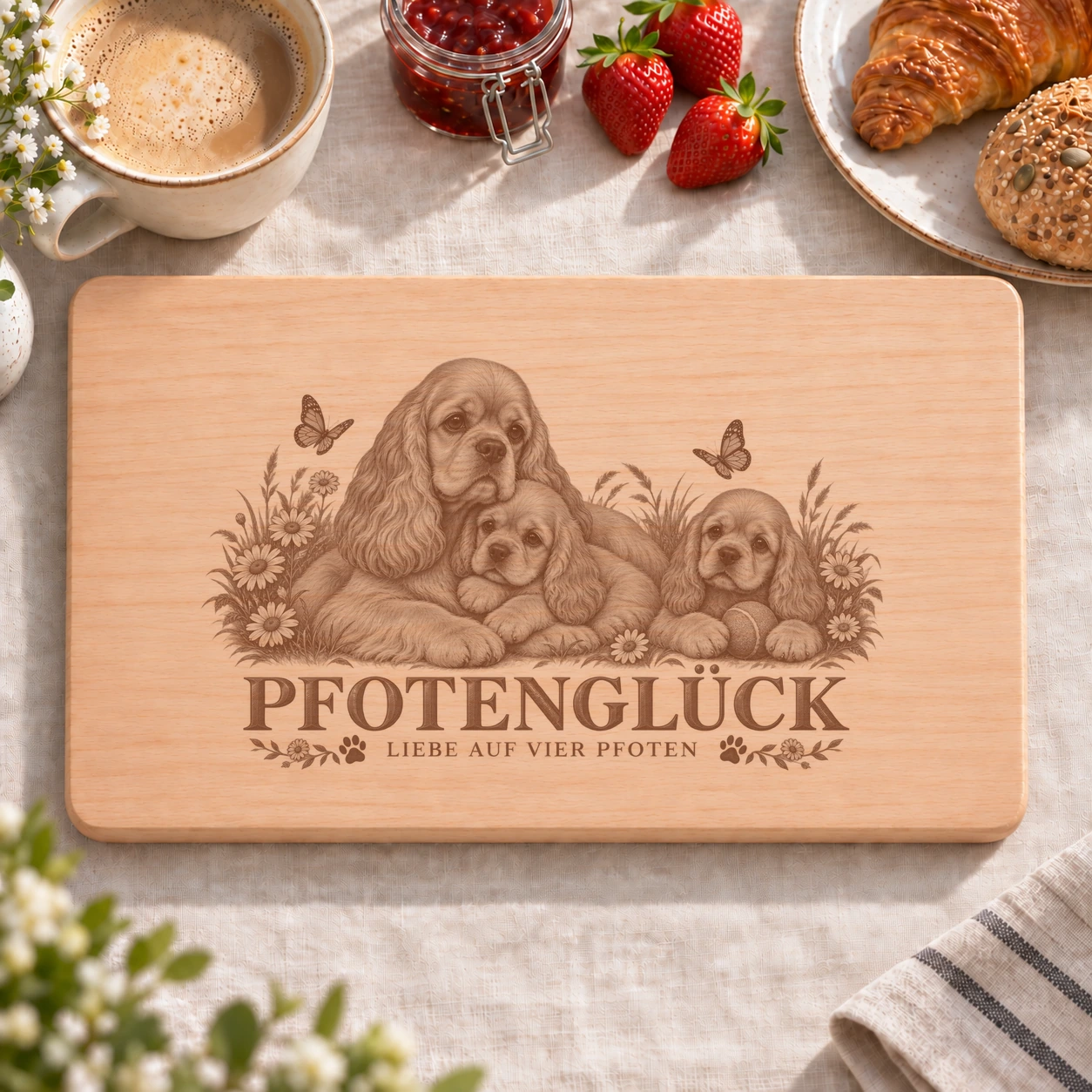 Frühstücksbrettchen – Amerikanischer Cocker Spaniel | Pfotenglück – realistische Lasergravur Frühstücksbrettchen – Amerikanischer Cocker Spaniel | Pfotenglück – Frühstücksbrettchen mit eingebrannter Lasergravur