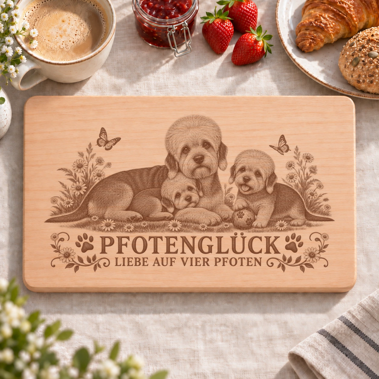 Frühstücksbrettchen – Dandie Dinmont Terrier | Pfotenglück – realistische Lasergravur Frühstücksbrettchen – Dandie Dinmont Terrier | Pfotenglück – Frühstücksbrettchen mit eingebrannter Lasergravur