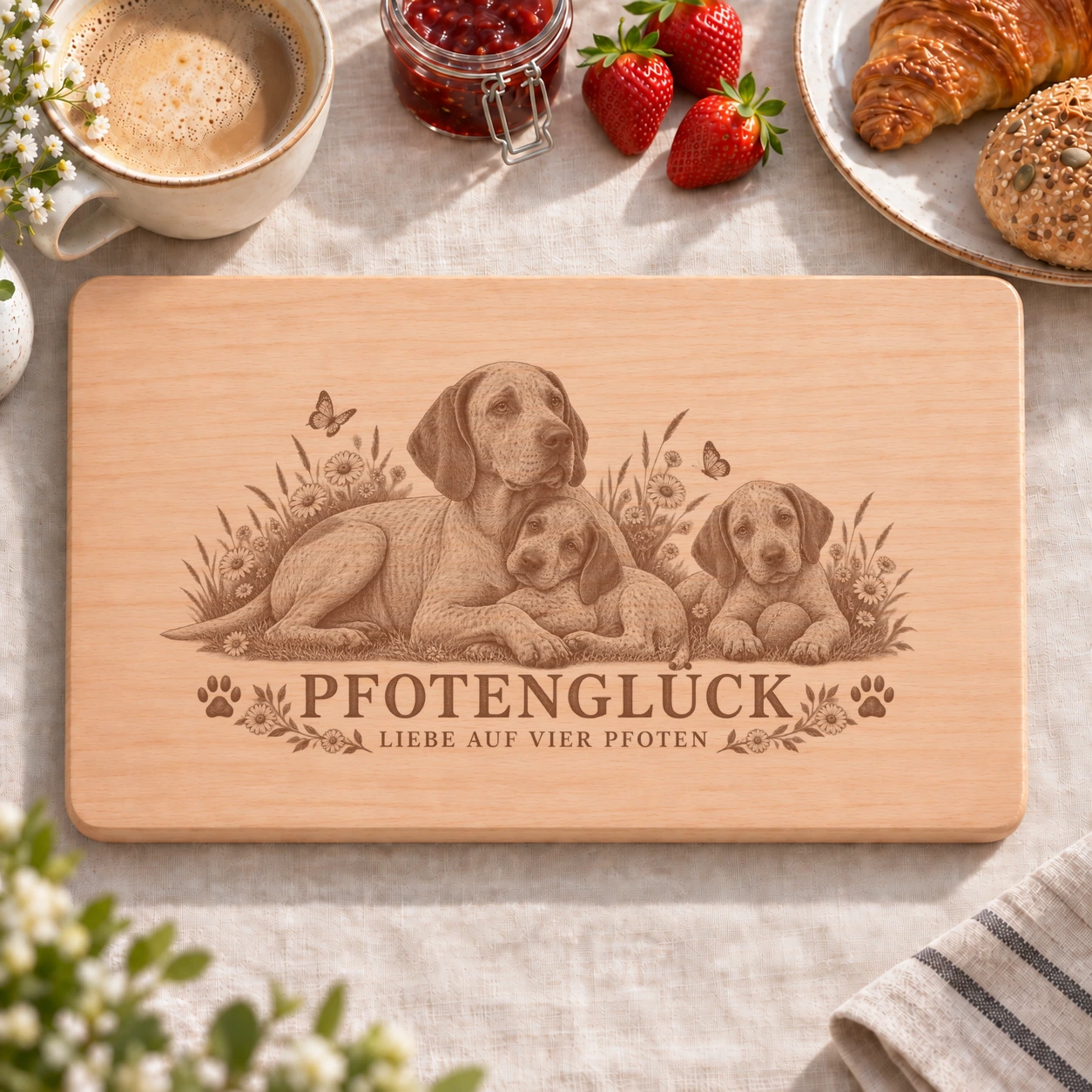Frühstücksbrettchen – Bourbonnaiser Vorstehhund | Pfotenglück – realistische Lasergravur Frühstücksbrettchen – Bourbonnaiser Vorstehhund | Pfotenglück – Frühstücksbrettchen mit eingebrannter Lasergravur