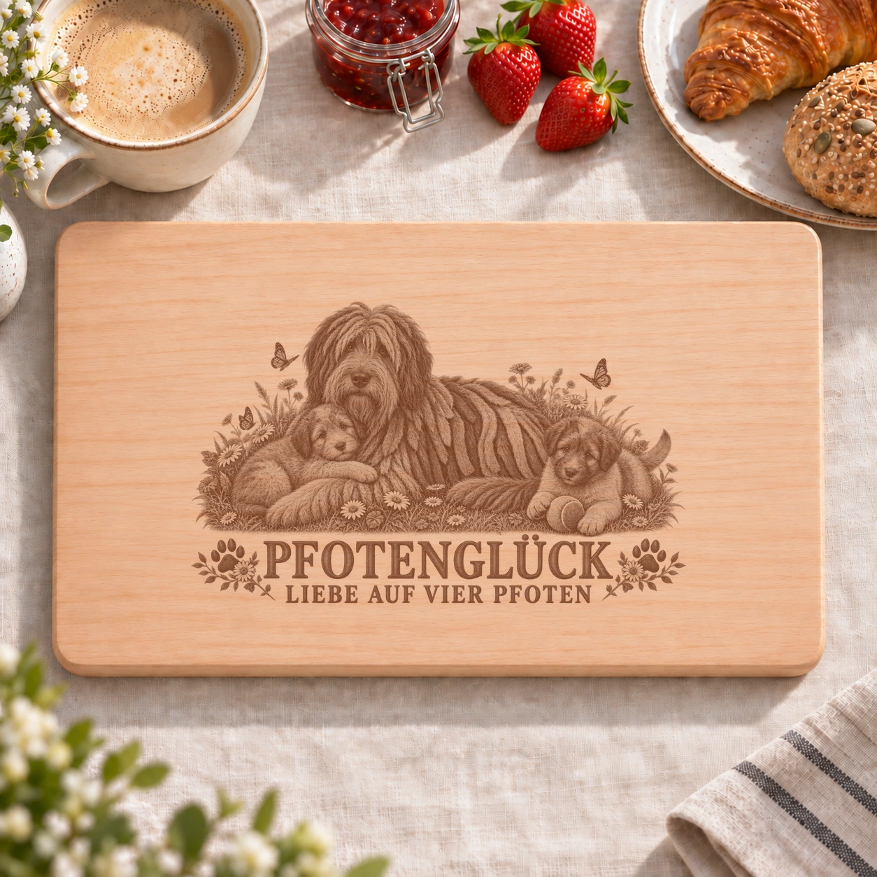 Frühstücksbrettchen – Bergamasker Hirtenhund | Pfotenglück – realistische Lasergravur Frühstücksbrettchen – Bergamasker Hirtenhund | Pfotenglück – Frühstücksbrettchen mit eingebrannter Lasergravur