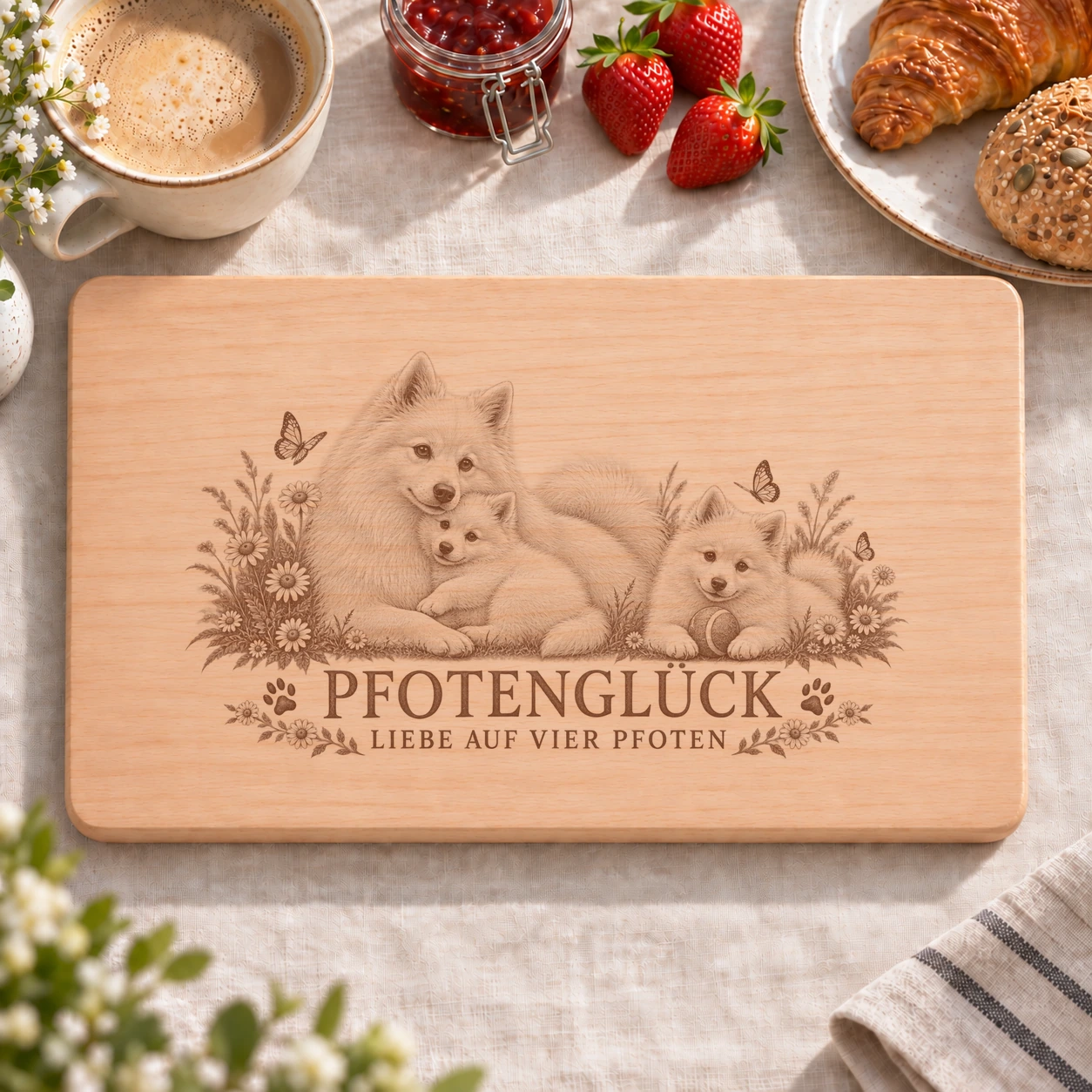Frühstücksbrettchen – Italienischer Volpino | Pfotenglück – realistische Lasergravur Frühstücksbrettchen – Italienischer Volpino | Pfotenglück – Frühstücksbrettchen mit eingebrannter Lasergravur
