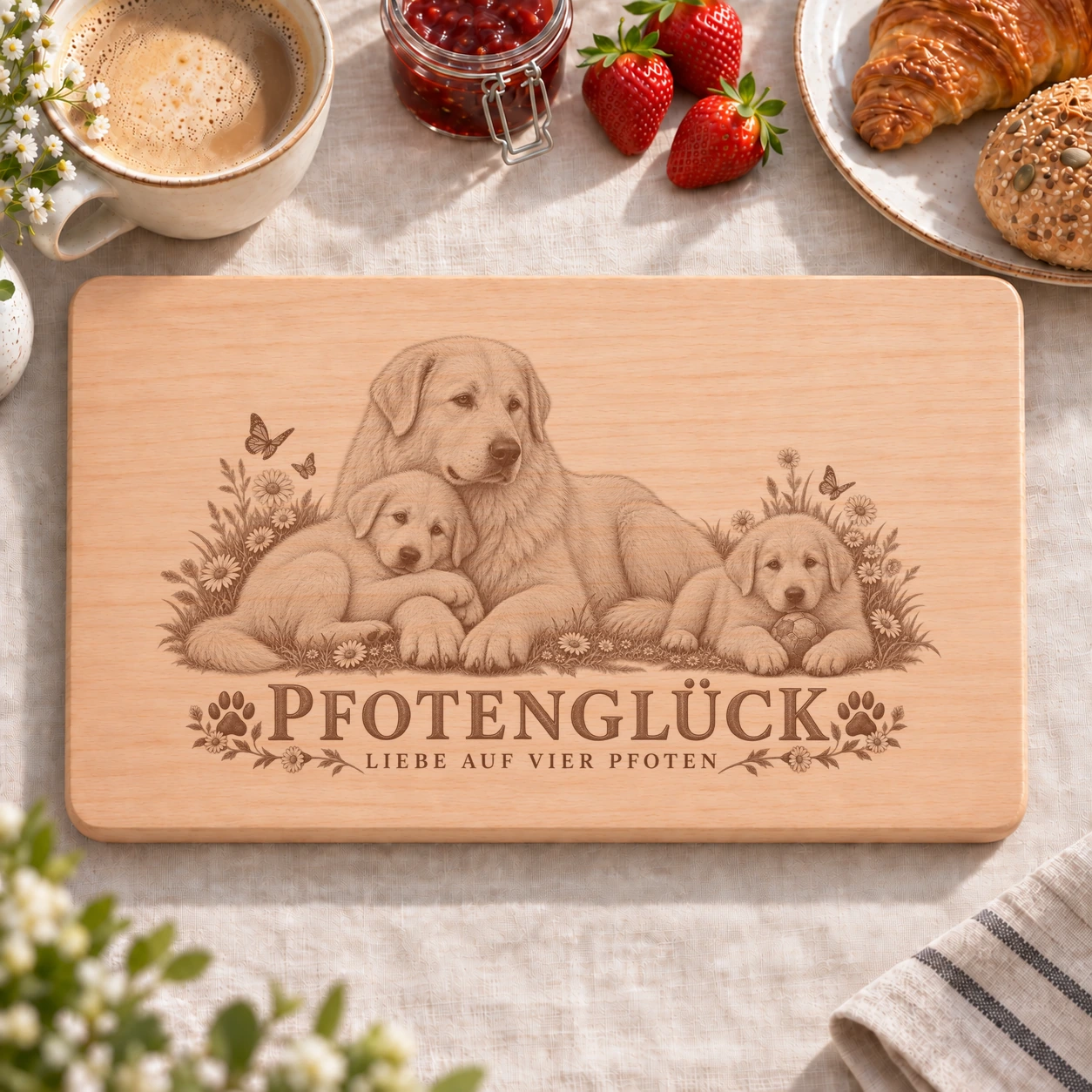 Frühstücksbrettchen – Abruzzen Maremmen Schäferhund | Pfotenglück – realistische Lasergravur Frühstücksbrettchen – Abruzzen Maremmen Schäferhund | Pfotenglück – Frühstücksbrettchen mit eingebrannter Lasergravur