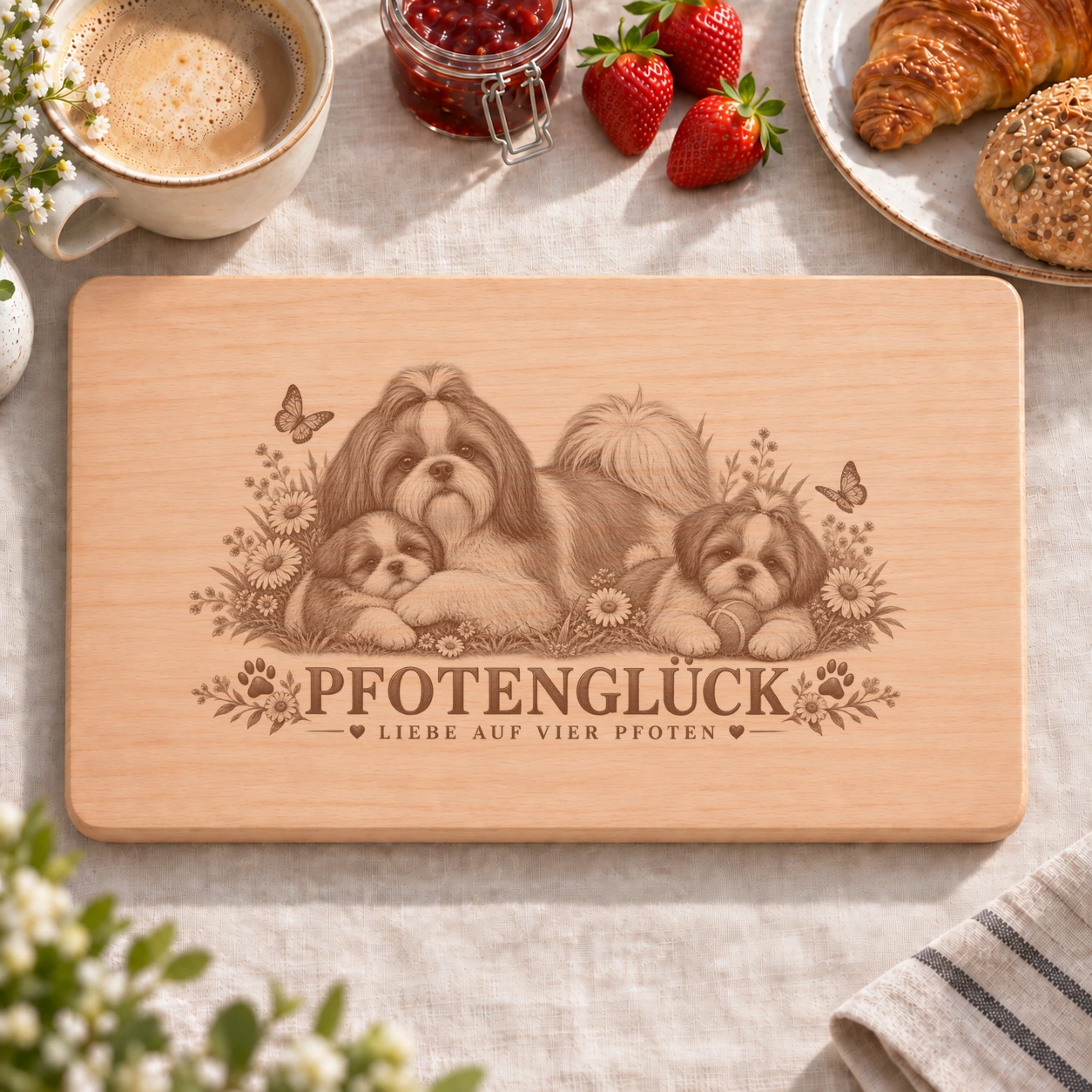 Frühstücksbrettchen – Shih Tzu | Pfotenglück – realistische Lasergravur Frühstücksbrettchen – Shih Tzu | Pfotenglück – Frühstücksbrettchen mit eingebrannter Lasergravur