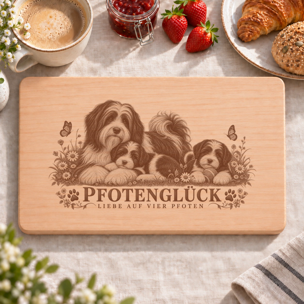Frühstücksbrettchen – Tibet Terrier | Pfotenglück – realistische Lasergravur Frühstücksbrettchen – Tibet Terrier | Pfotenglück – Frühstücksbrettchen mit eingebrannter Lasergravur