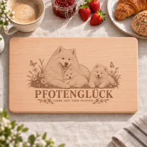 Frühstücksbrettchen – Samojede | Pfotenglück – Frühstücksbrettchen mit eingebrannter Lasergravur