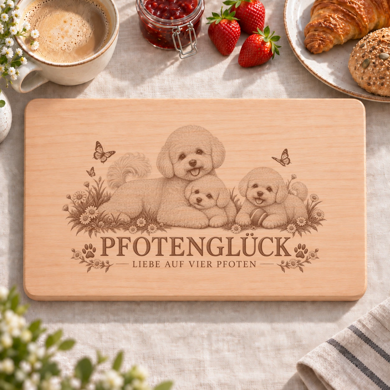 Frühstücksbrettchen – Bichon Frise | Pfotenglück – realistische Lasergravur Frühstücksbrettchen – Bichon Frise | Pfotenglück – Frühstücksbrettchen mit eingebrannter Lasergravur