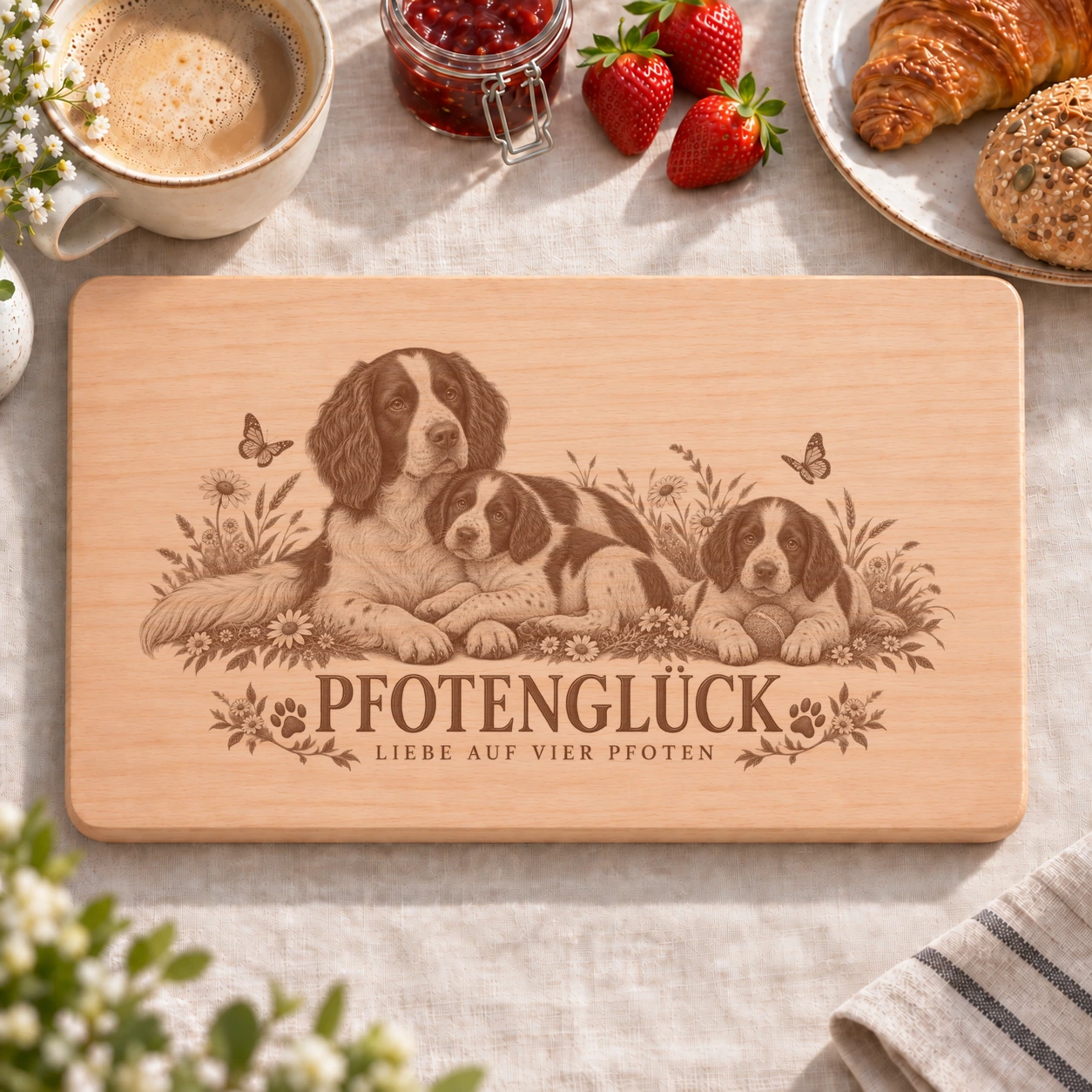 Frühstücksbrettchen – Drent Scher Huhnerhund | Pfotenglück – realistische Lasergravur Frühstücksbrettchen – Drent Scher Huhnerhund | Pfotenglück – Frühstücksbrettchen mit eingebrannter Lasergravur