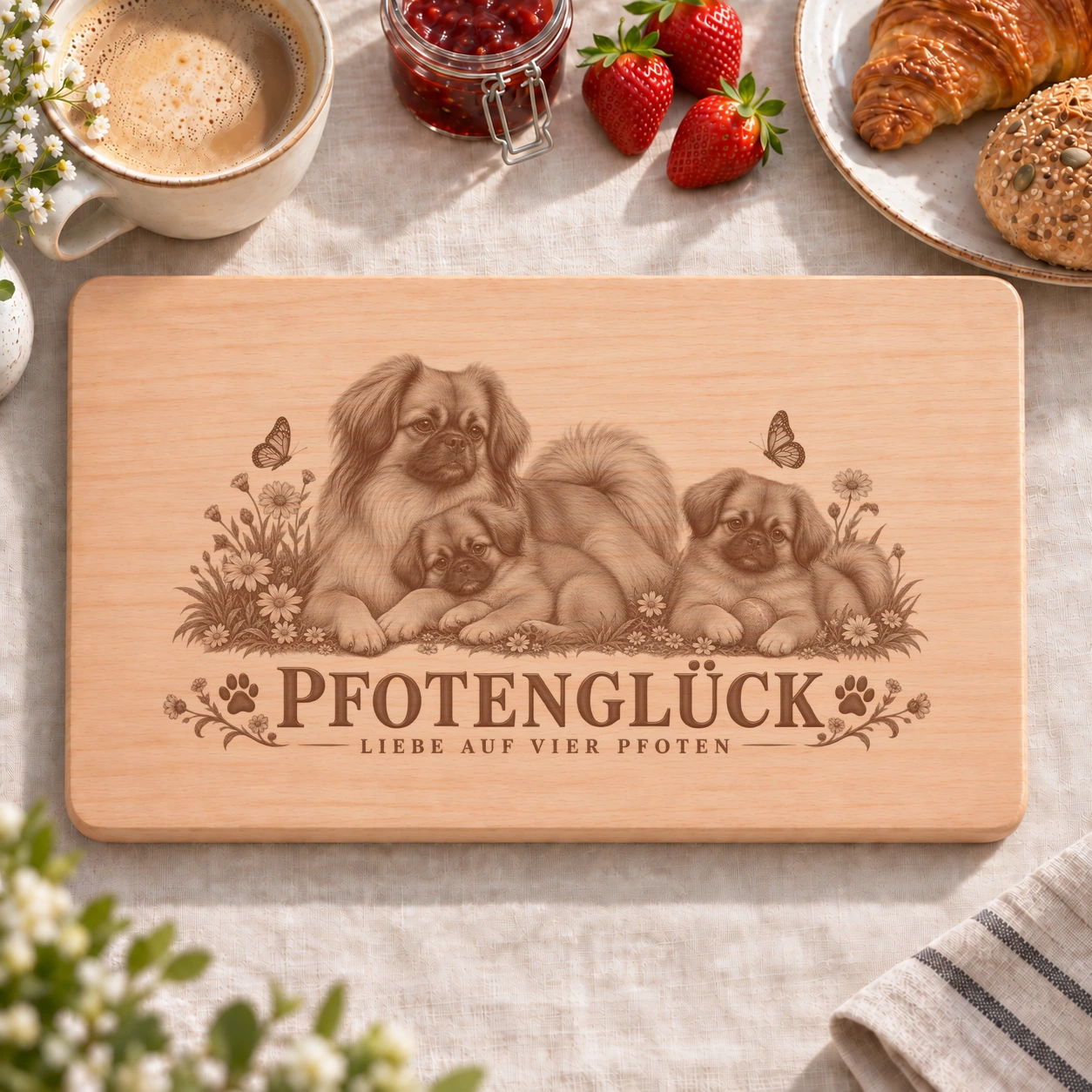 Frühstücksbrettchen – Tibet Spaniel | Pfotenglück – realistische Lasergravur Frühstücksbrettchen – Tibet Spaniel | Pfotenglück – Frühstücksbrettchen mit eingebrannter Lasergravur