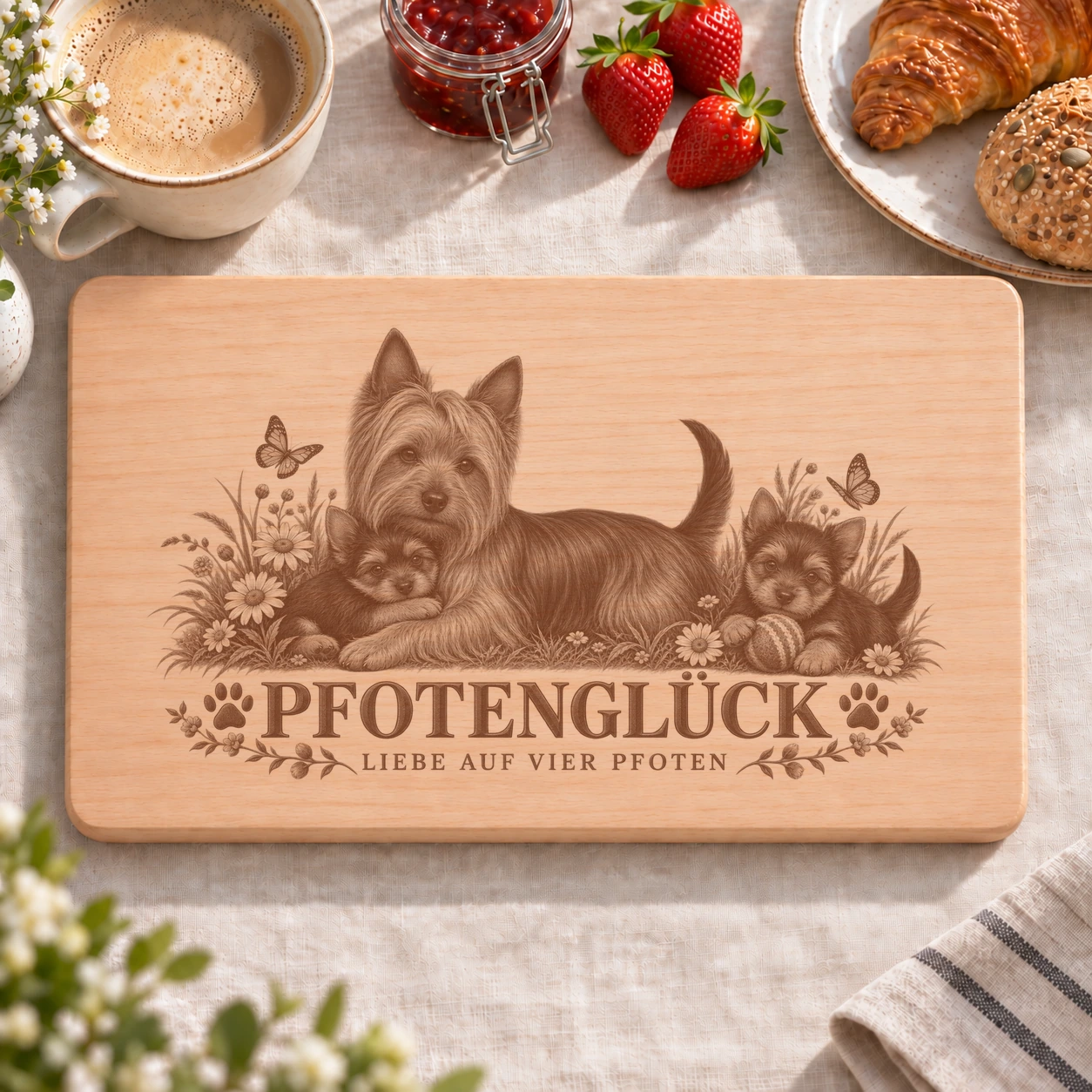 Frühstücksbrettchen – Australian Silky Terrier | Pfotenglück – realistische Lasergravur Frühstücksbrettchen – Australian Silky Terrier | Pfotenglück – Frühstücksbrettchen mit eingebrannter Lasergravur