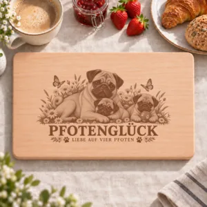 Frühstücksbrettchen – Mops | Pfotenglück – Frühstücksbrettchen mit eingebrannter Lasergravur