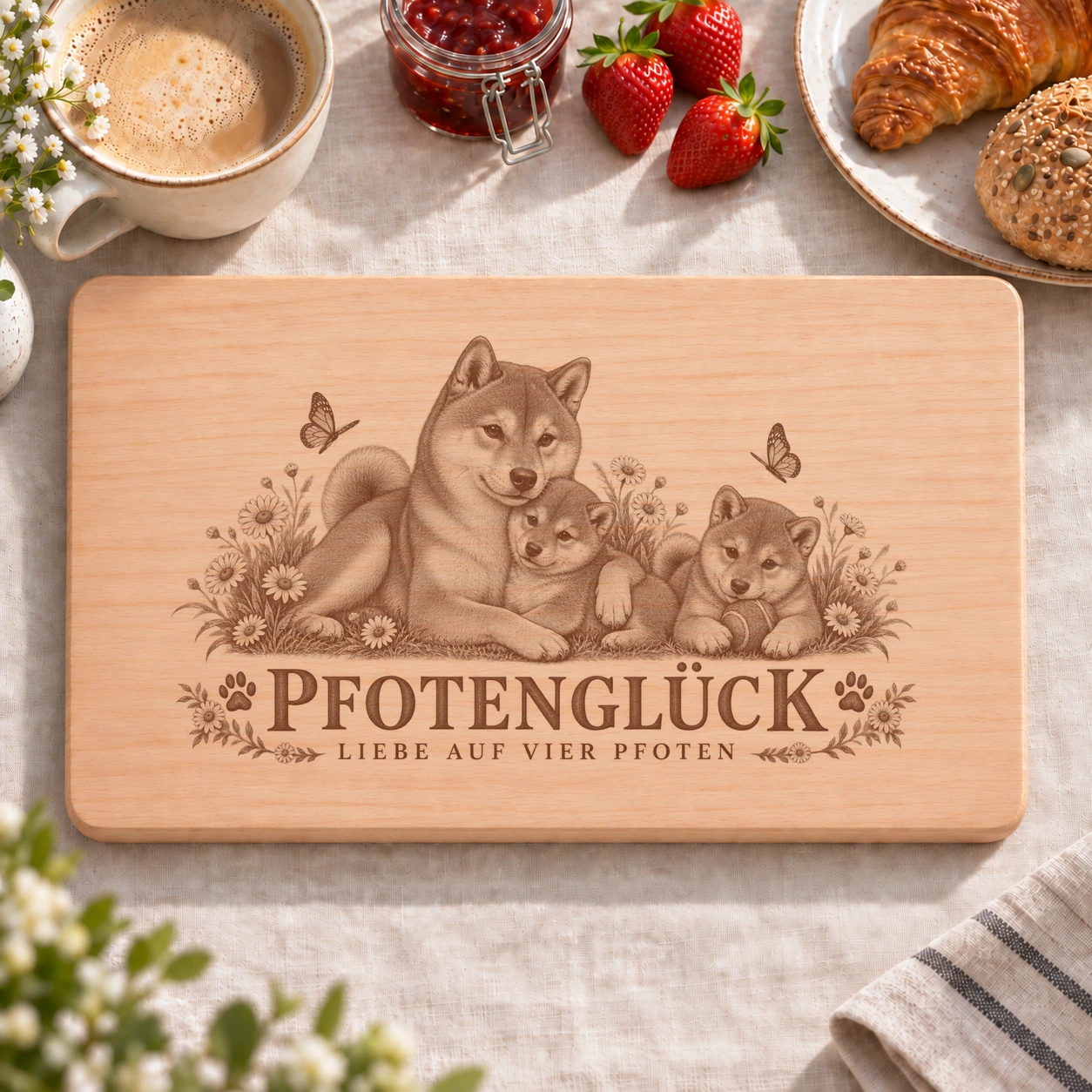 Frühstücksbrettchen – Shiba | Pfotenglück – realistische Lasergravur Frühstücksbrettchen – Shiba | Pfotenglück – Frühstücksbrettchen mit eingebrannter Lasergravur