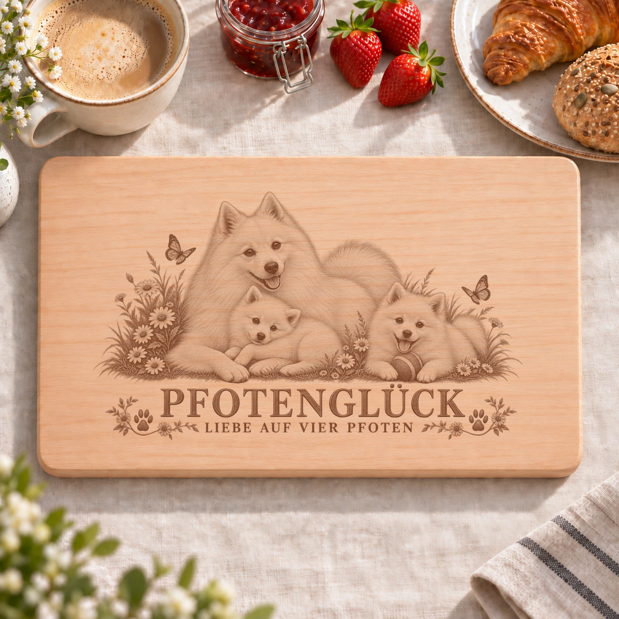 Frühstücksbrettchen – Japan Spitz | Pfotenglück – realistische Lasergravur Frühstücksbrettchen – Japan Spitz | Pfotenglück – Frühstücksbrettchen mit eingebrannter Lasergravur