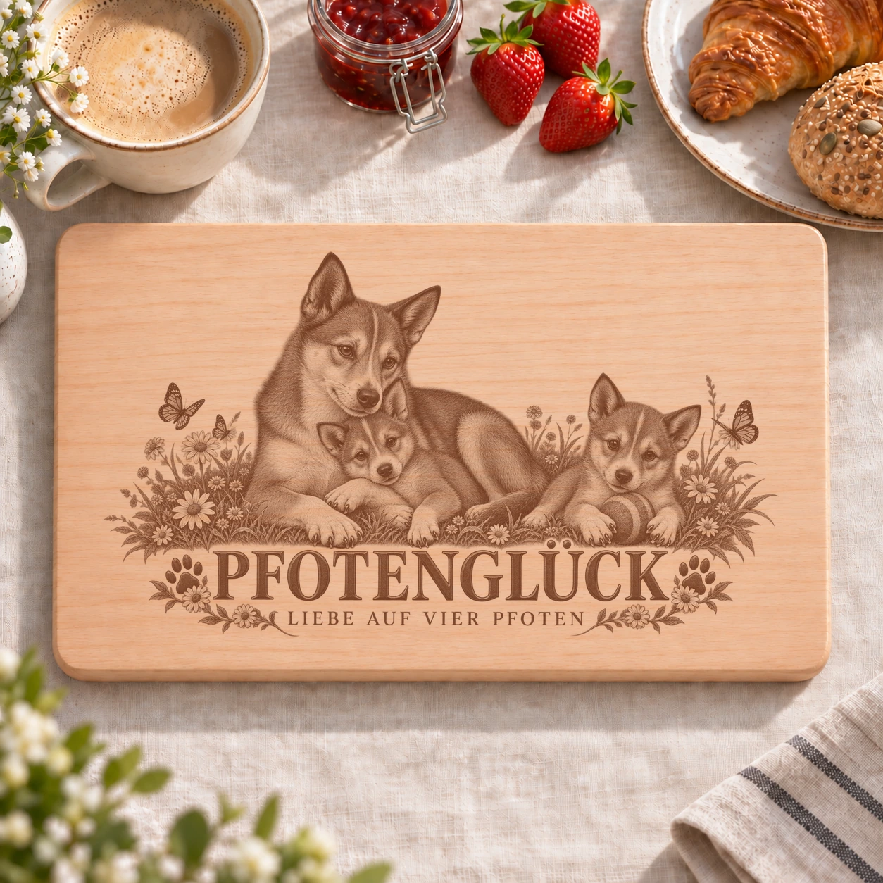Frühstücksbrettchen – Norwegischer Lundehund | Pfotenglück – realistische Lasergravur Frühstücksbrettchen – Norwegischer Lundehund | Pfotenglück – Frühstücksbrettchen mit eingebrannter Lasergravur