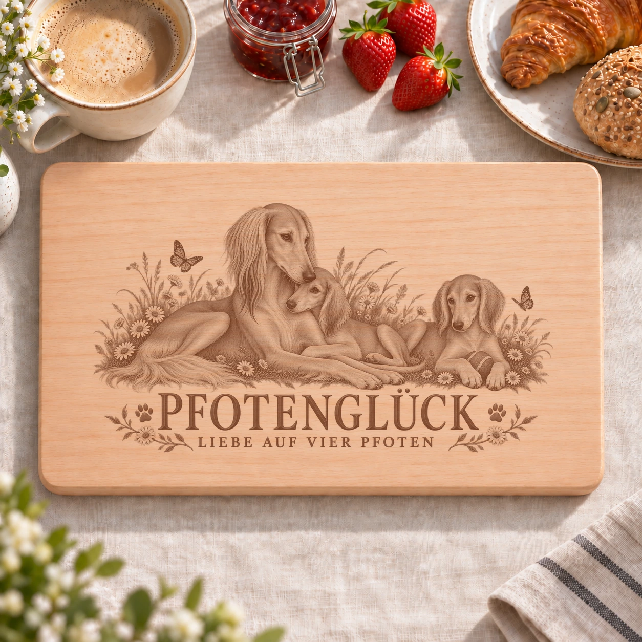 Frühstücksbrettchen – Saluki | Pfotenglück – realistische Lasergravur Frühstücksbrettchen – Saluki | Pfotenglück – Frühstücksbrettchen mit eingebrannter Lasergravur