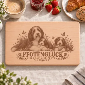 Frühstücksbrettchen – Bearded Collie | Pfotenglück – Frühstücksbrettchen mit eingebrannter Lasergravur