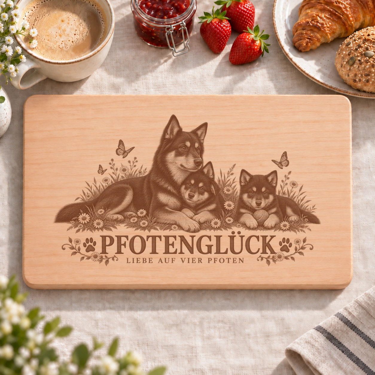 Frühstücksbrettchen – Finnischer Lapplandhirtenhund | Pfotenglück – realistische Lasergravur Frühstücksbrettchen – Finnischer Lapplandhirtenhund | Pfotenglück – Frühstücksbrettchen mit eingebrannter Lasergravur