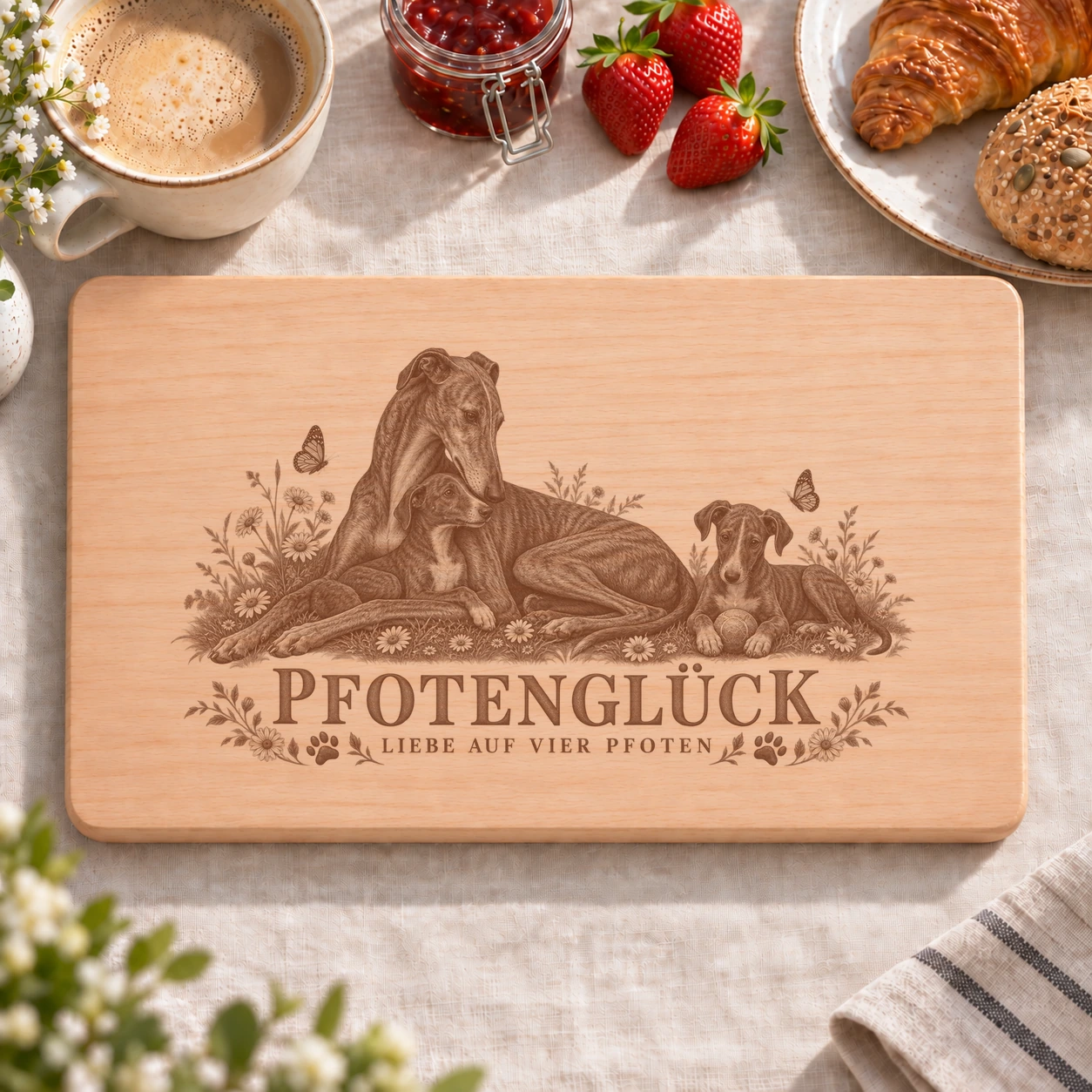 Frühstücksbrettchen – Spanischer Windhund | Pfotenglück – realistische Lasergravur Frühstücksbrettchen – Spanischer Windhund | Pfotenglück – Frühstücksbrettchen mit eingebrannter Lasergravur