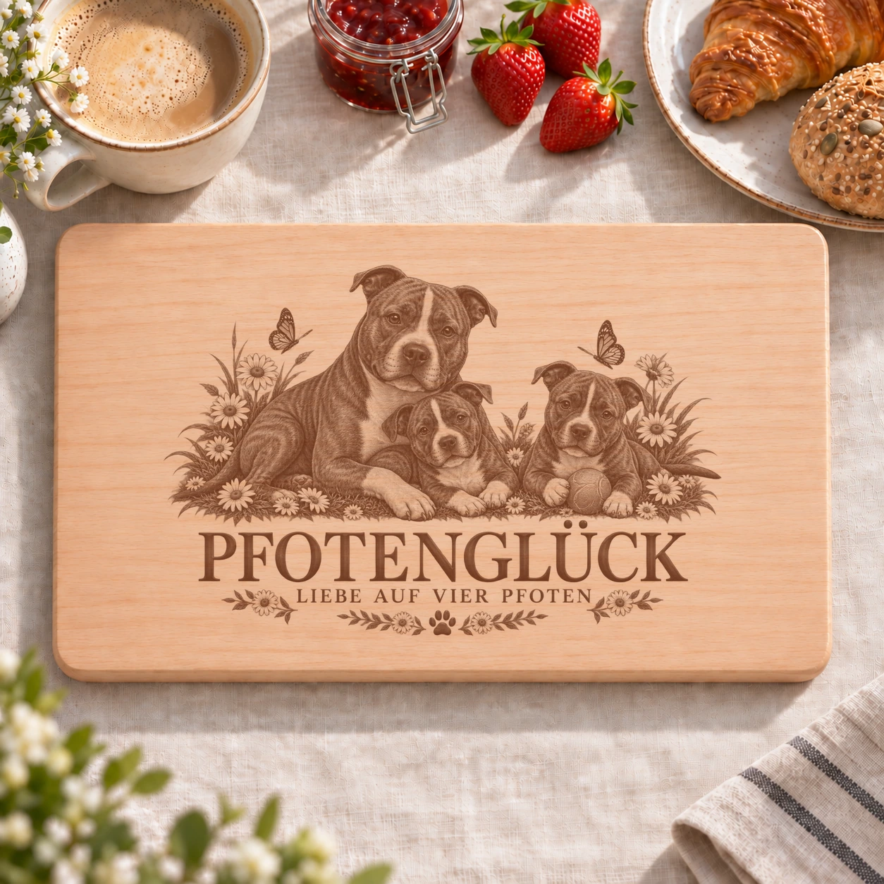 Frühstücksbrettchen – American Staffordshire Terrier | Pfotenglück – realistische Lasergravur Frühstücksbrettchen – American Staffordshire Terrier | Pfotenglück – Frühstücksbrettchen mit eingebrannter Lasergravur