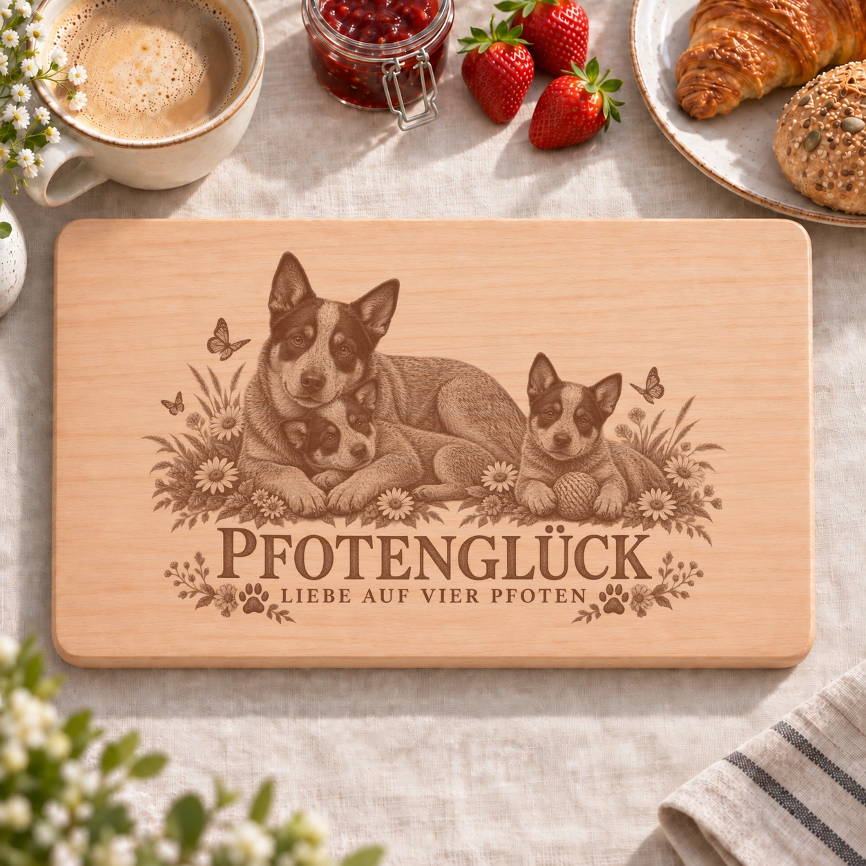 Frühstücksbrettchen – Australischer Treibhund | Pfotenglück – realistische Lasergravur Frühstücksbrettchen – Australischer Treibhund | Pfotenglück – Frühstücksbrettchen mit eingebrannter Lasergravur
