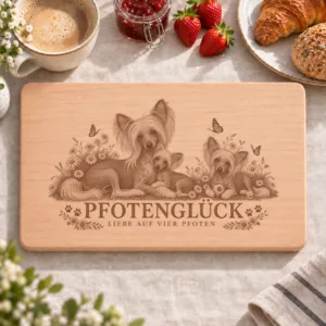 Frühstücksbrettchen – Chinesischer Schopfhund | Pfotenglück – Frühstücksbrettchen mit eingebrannter Lasergravur