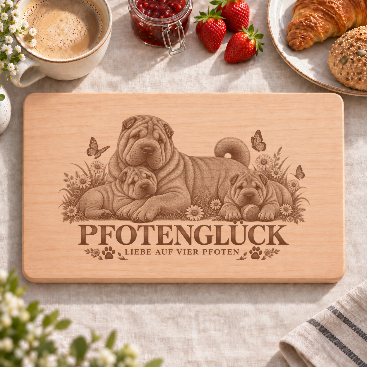 Frühstücksbrettchen – Shar Pei | Pfotenglück – realistische Lasergravur Frühstücksbrettchen – Shar Pei | Pfotenglück – Frühstücksbrettchen mit eingebrannter Lasergravur