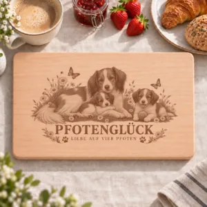 Frühstücksbrettchen – Nederlandse Kooikerhondje | Pfotenglück – Frühstücksbrettchen mit eingebrannter Lasergravur