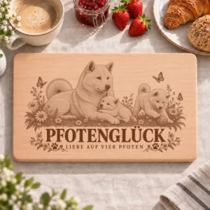 Frühstücksbrettchen – Kishu | Pfotenglück – Frühstücksbrettchen mit eingebrannter Lasergravur