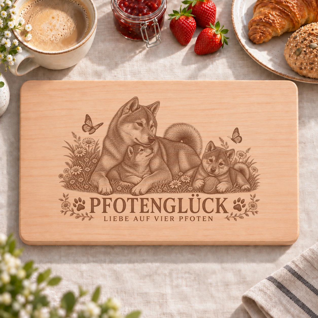 Frühstücksbrettchen – Shikoku | Pfotenglück – realistische Lasergravur Frühstücksbrettchen – Shikoku | Pfotenglück – Frühstücksbrettchen mit eingebrannter Lasergravur