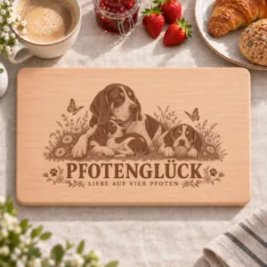 Frühstücksbrettchen – Grosser Anglo Franz Weiss Schwarzer Laufhund | Pfotenglück – Frühstücksbrettchen mit eingebrannter Lasergravur