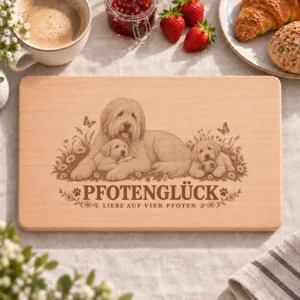 Frühstücksbrettchen – Sudrussischer Ovtcharka | Pfotenglück – Frühstücksbrettchen mit eingebrannter Lasergravur