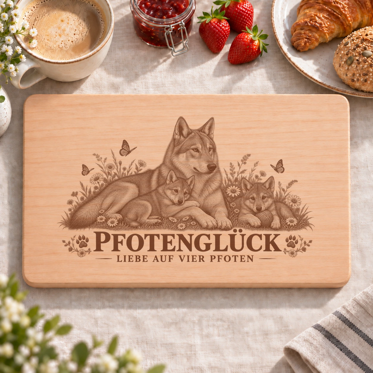 Frühstücksbrettchen – Tschechoslowakischer Wolfhund | Pfotenglück – realistische Lasergravur Frühstücksbrettchen – Tschechoslowakischer Wolfhund | Pfotenglück – Frühstücksbrettchen mit eingebrannter Lasergravur