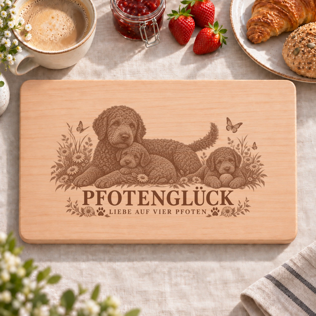 Frühstücksbrettchen – Spanischer Wasserhund | Pfotenglück – realistische Lasergravur Frühstücksbrettchen – Spanischer Wasserhund | Pfotenglück – Frühstücksbrettchen mit eingebrannter Lasergravur