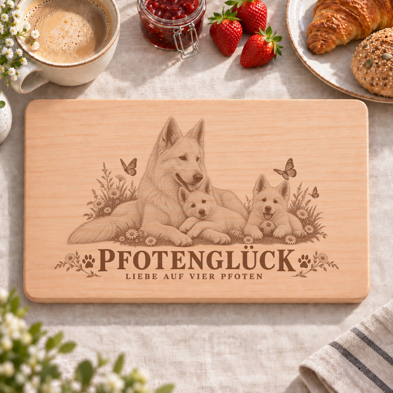Frühstücksbrettchen – Weisser Schweizer Schäferhund | Pfotenglück – realistische Lasergravur Frühstücksbrettchen – Weisser Schweizer Schäferhund | Pfotenglück – Frühstücksbrettchen mit eingebrannter Lasergravur