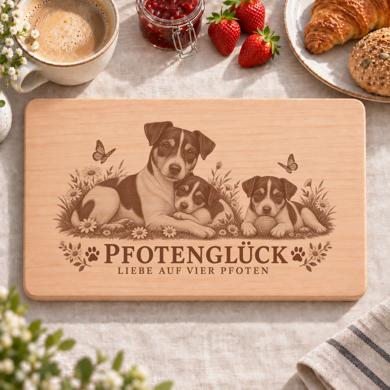 Frühstücksbrettchen – Danisch Schwedischer Farmhund | Pfotenglück – realistische Lasergravur Frühstücksbrettchen – Danisch Schwedischer Farmhund | Pfotenglück – Frühstücksbrettchen mit eingebrannter Lasergravur