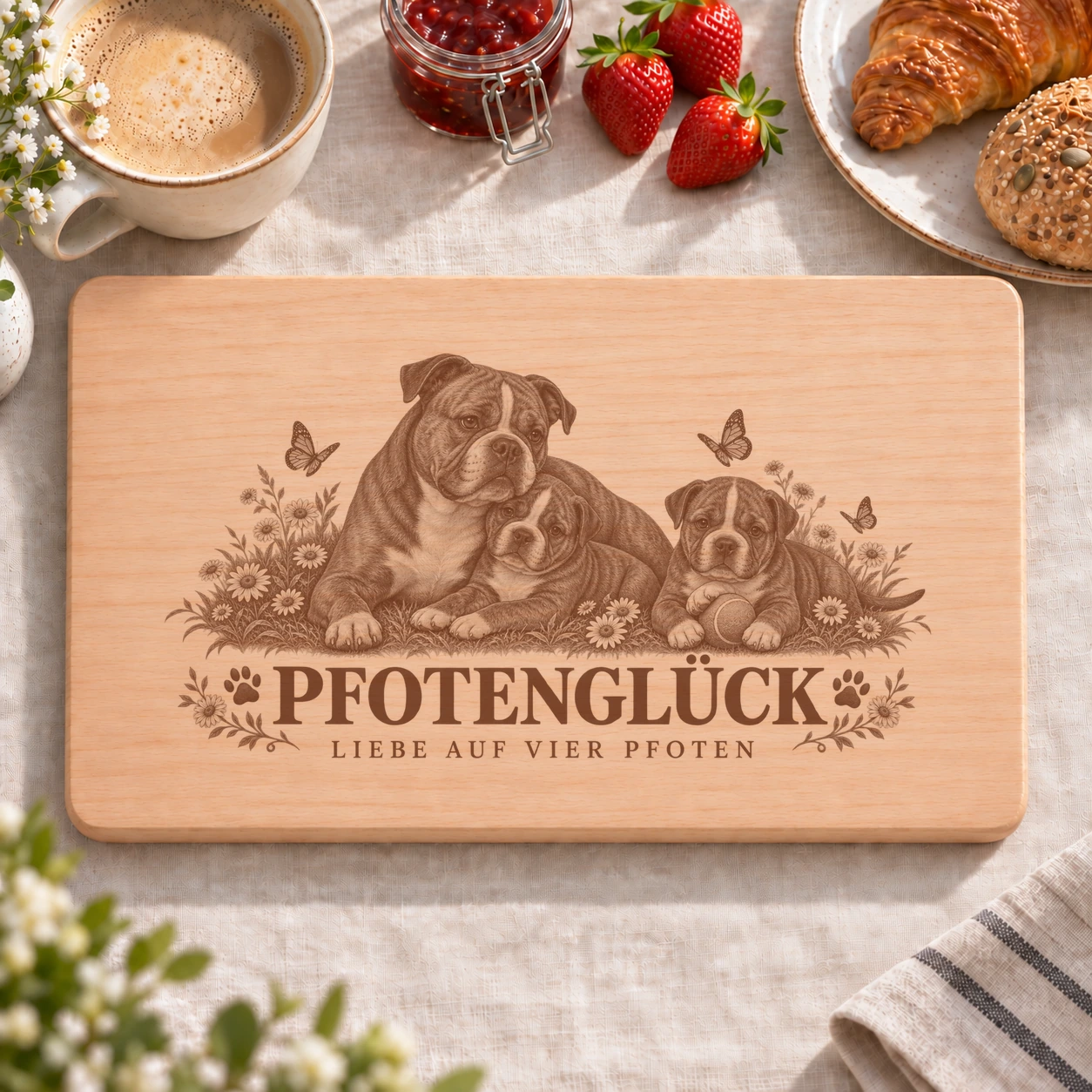 Frühstücksbrettchen – Continental Bulldog | Pfotenglück – realistische Lasergravur Frühstücksbrettchen – Continental Bulldog | Pfotenglück – Frühstücksbrettchen mit eingebrannter Lasergravur