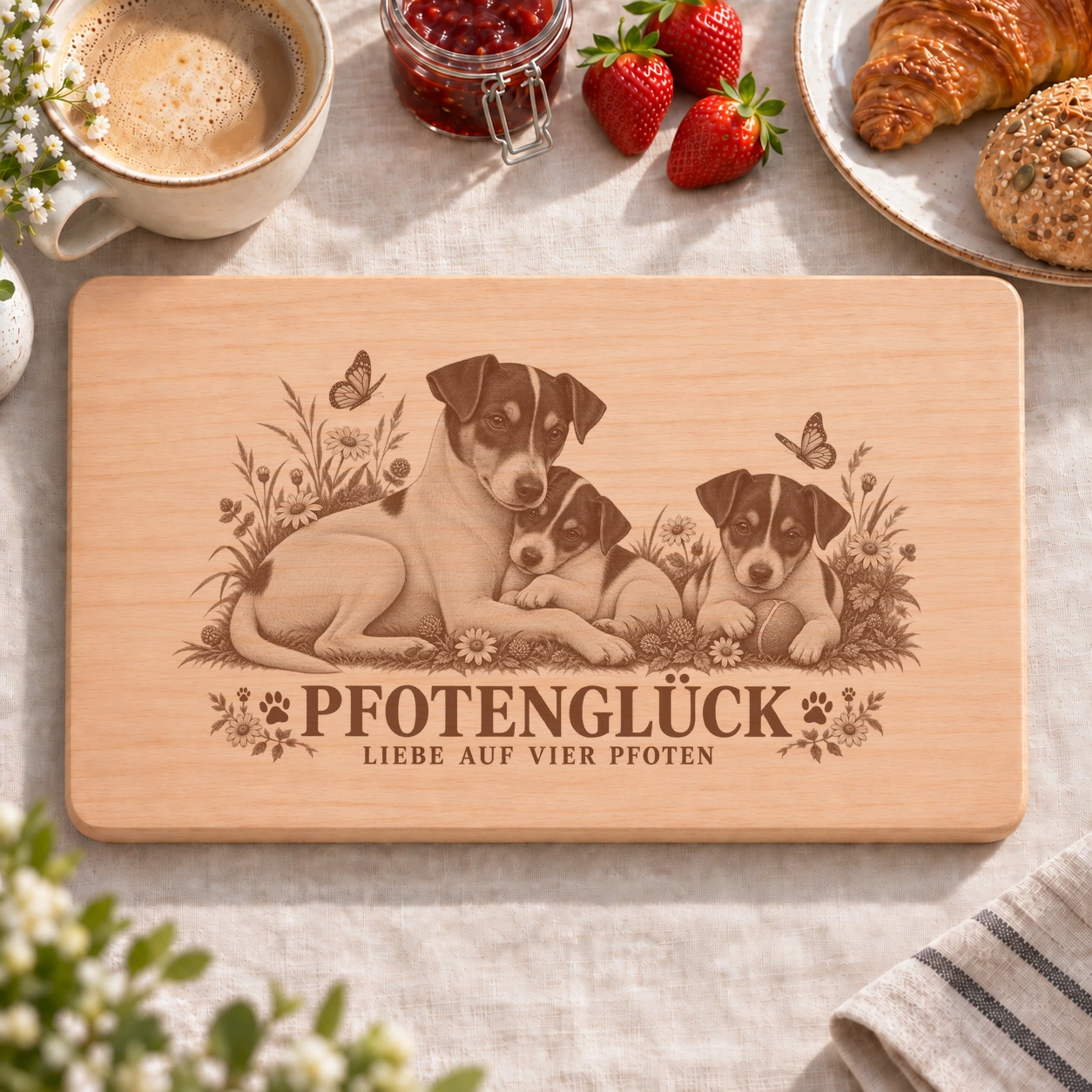 Frühstücksbrettchen – Andalusischer Terrier | Pfotenglück – realistische Lasergravur Frühstücksbrettchen – Andalusischer Terrier | Pfotenglück – Frühstücksbrettchen mit eingebrannter Lasergravur