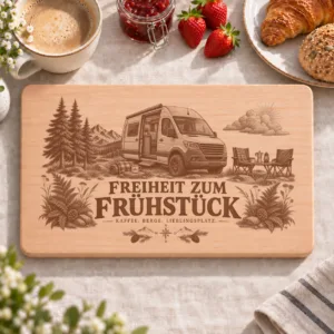 Frühstücksbrettchen Camping – Freiheit zum Frühstück – Frühstücksbrettchen mit eingebrannter Lasergravur