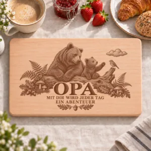 Frühstücksbrettchen Opa – Jeder Tag ein Abenteuer – Frühstücksbrettchen mit eingebrannter Lasergravur