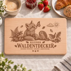 Frühstücksbrettchen Waldentdecker   Kleine Pfoten grosse Abenteuer – Frühstücksbrettchen mit eingebrannter Lasergravur