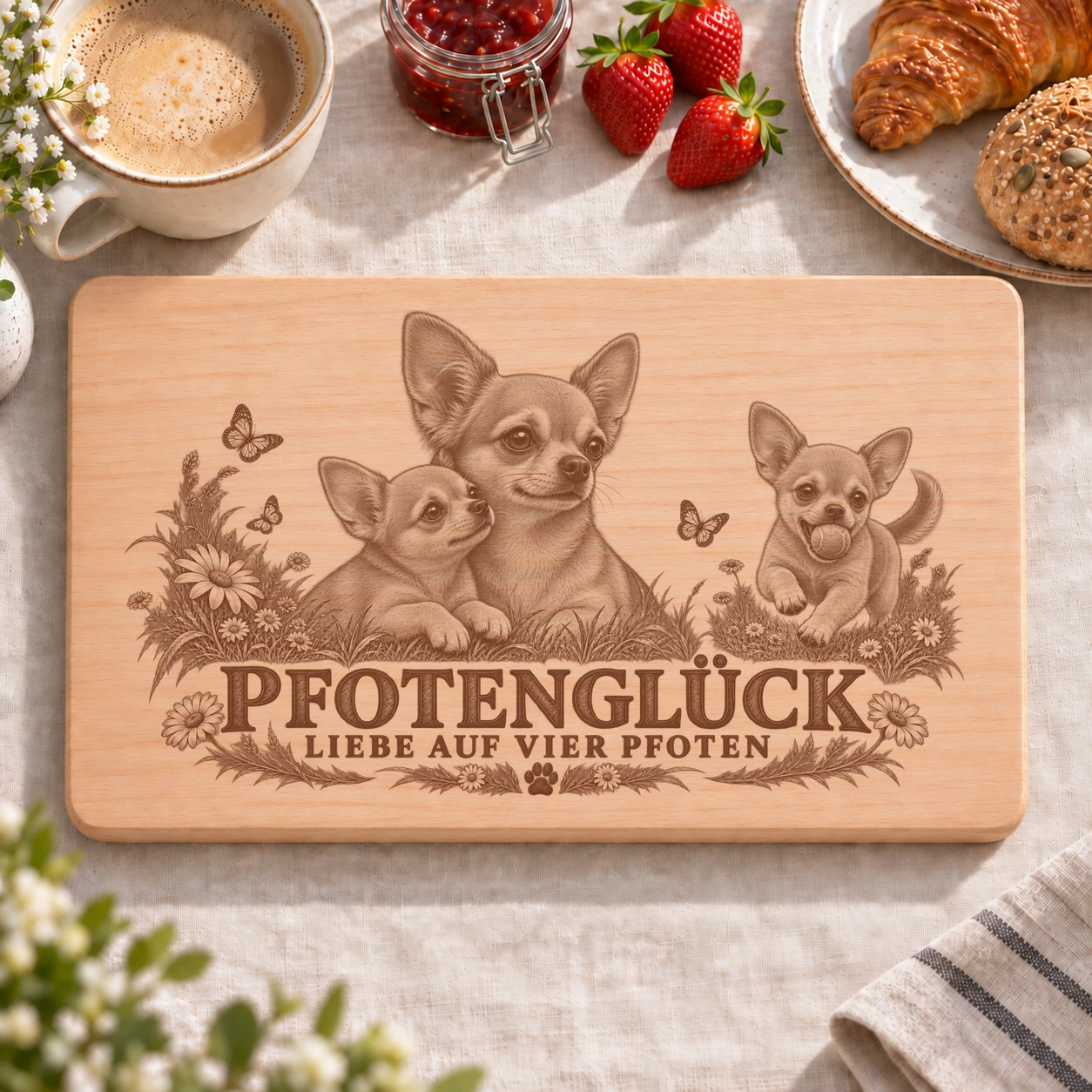 Frühstücksbrettchen – Chihuahua | Pfotenglück – realistische Lasergravur Frühstücksbrettchen – Chihuahua | Pfotenglück – Frühstücksbrettchen mit eingebrannter Lasergravur
