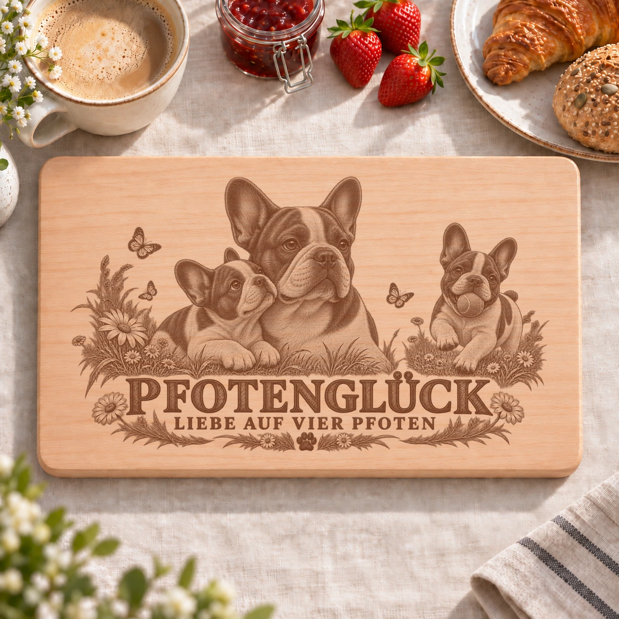 Frühstücksbrettchen – Franzoesische Bulldogge | Pfotenglück – realistische Lasergravur Frühstücksbrettchen – Franzoesische Bulldogge | Pfotenglück – Frühstücksbrettchen mit eingebrannter Lasergravur