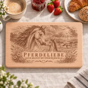 Frühstücksbrettchen Pferdeliebe – Glück beginnt mit Hufschlag – Frühstücksbrettchen mit eingebrannter Lasergravur